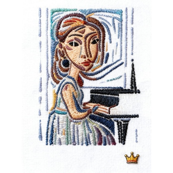Abstract Woman Playing Piano Embroidered Art Re-Print Canvas 12x16 - Picture 2 of 4